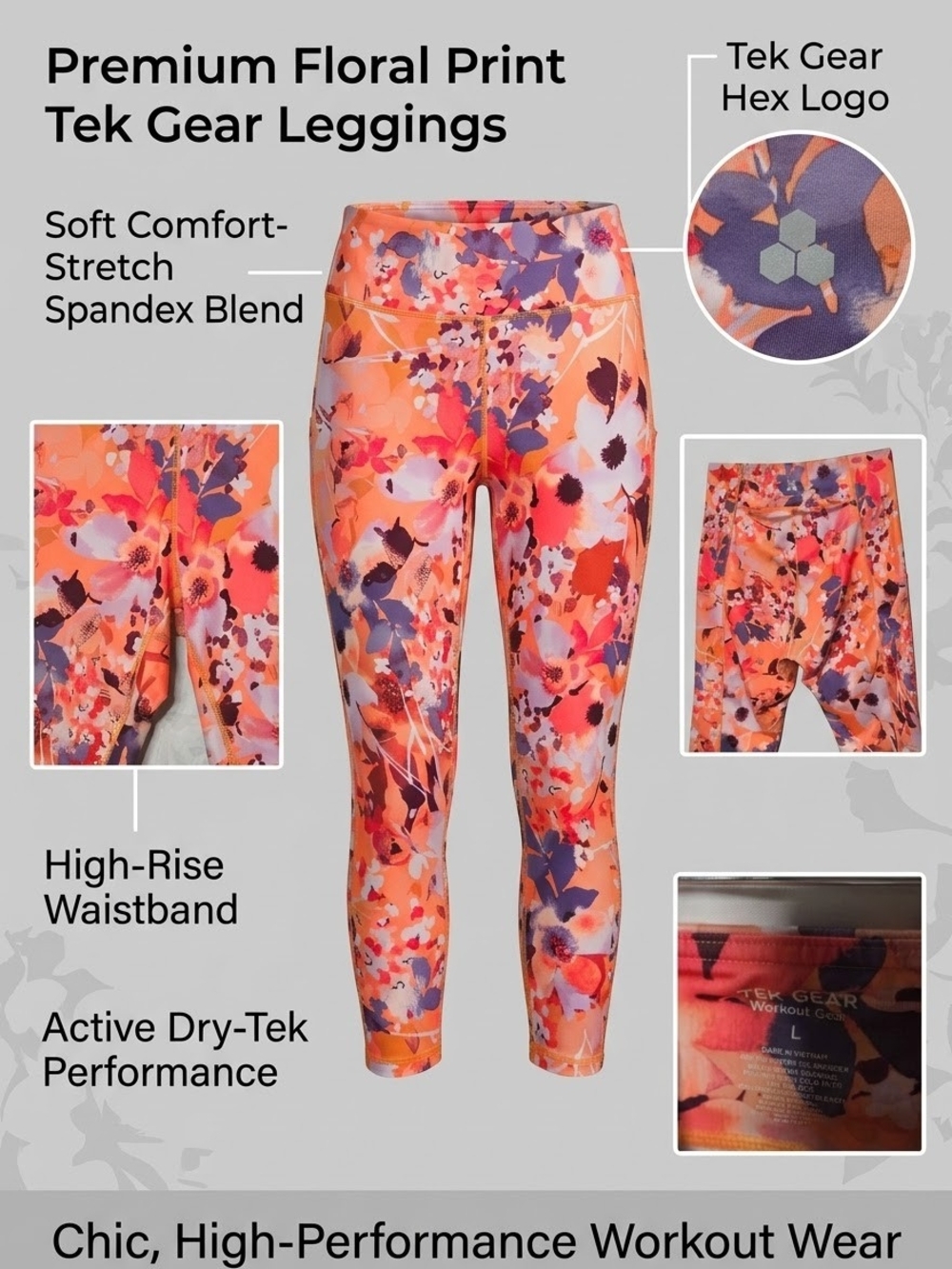 tek gear Orange Multi Floral High-Rise Leggings